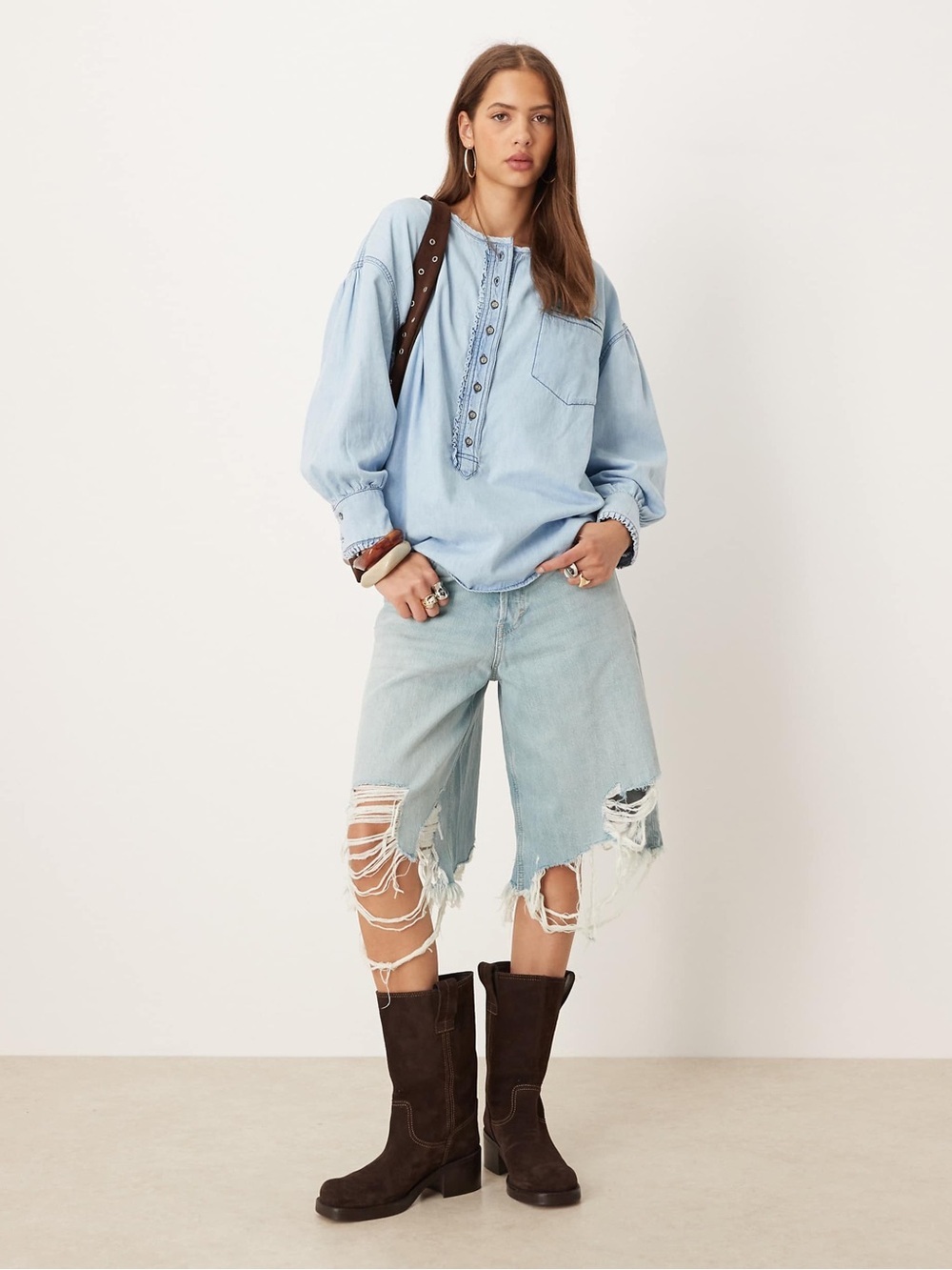 Free People Denim Dreaming pullover shirt in soft light wash